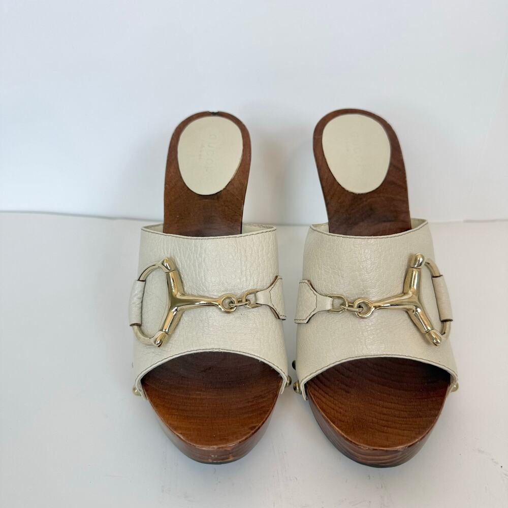 Gucci Leather Horsebit Wooden Clog Heels Sandal in Cream Off-White 7B - Picture 2 of 14